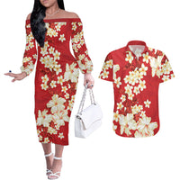 Hawaii Hibiscus Plumeria Red Couples Matching Off The Shoulder Long Sleeve Dress and Hawaiian Shirt Polynesian Pattern LT01 Red - Polynesian Pride