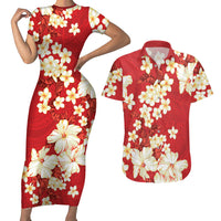 Hawaii Hibiscus Plumeria Red Couples Matching Short Sleeve Bodycon Dress and Hawaiian Shirt Polynesian Pattern LT01 Red - Polynesian Pride
