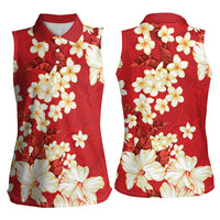 Hawaii Hibiscus Plumeria Red Women Sleeveless Polo Shirt Polynesian Pattern