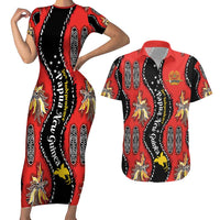 Papua New Guinea 50th Independence Couples Matching Short Sleeve Bodycon Dress and Hawaiian Shirt PNG Batik Pattern LT01 Red - Polynesian Pride