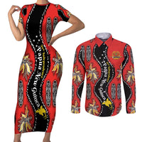Papua New Guinea 50th Independence Couples Matching Short Sleeve Bodycon Dress and Long Sleeve Button Shirt PNG Batik Pattern LT01 Red - Polynesian Pride