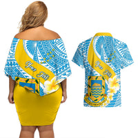 Personalised Tuvalu Independence Day Couples Matching Off Shoulder Short Dress and Hawaiian Shirt Plumeria 45th Anniversary LT01 - Polynesian Pride