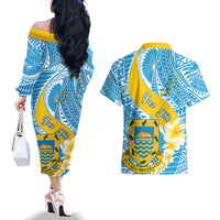 personalised-tuvalu-independence-day-couples-matching-off-the-shoulder-long-sleeve-dress-and-hawaiian-shirt-plumeria-45th-anniversary