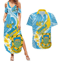 Personalised Tuvalu Independence Day Couples Matching Summer Maxi Dress and Hawaiian Shirt Plumeria 45th Anniversary LT01 Blue - Polynesian Pride