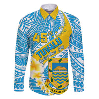 Personalised Tuvalu Independence Day Family Matching Mermaid Dress and Hawaiian Shirt Plumeria 45th Anniversary LT01 Dad's Shirt - Long Sleeve Blue - Polynesian Pride