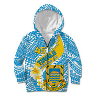 Personalised Tuvalu Independence Day Kid Hoodie Plumeria 45th Anniversary LT01 Zip Hoodie Blue - Polynesian Pride