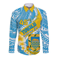Personalised Tuvalu Independence Day Long Sleeve Button Shirt Plumeria 45th Anniversary LT01 Unisex Blue - Polynesian Pride