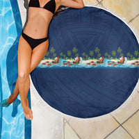 Hawaii Santa Riding Sea Turtle Beach Blanket Mele Kalikimaka Polynesian Pattern - Polynesian Pride