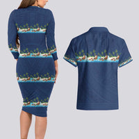 Hawaii Santa Riding Sea Turtle Couples Matching Long Sleeve Bodycon Dress and Hawaiian Shirt Mele Kalikimaka Polynesian Pattern - Polynesian Pride