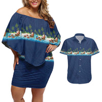 Hawaii Santa Riding Sea Turtle Couples Matching Off Shoulder Short Dress and Hawaiian Shirt Mele Kalikimaka Polynesian Pattern LT01 Blue - Polynesian Pride