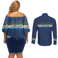 Hawaii Santa Riding Sea Turtle Couples Matching Off Shoulder Short Dress and Long Sleeve Button Shirt Mele Kalikimaka Polynesian Pattern - Polynesian Pride