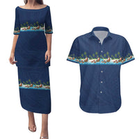 Hawaii Santa Riding Sea Turtle Couples Matching Puletasi and Hawaiian Shirt Mele Kalikimaka Polynesian Pattern - Polynesian Pride