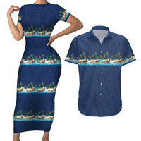 Hawaii Santa Riding Sea Turtle Couples Matching Short Sleeve Bodycon Dress and Hawaiian Shirt Mele Kalikimaka Polynesian Pattern LT01 Blue - Polynesian Pride