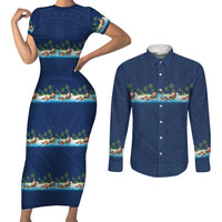 Hawaii Santa Riding Sea Turtle Couples Matching Short Sleeve Bodycon Dress and Long Sleeve Button Shirt Mele Kalikimaka Polynesian Pattern - Polynesian Pride