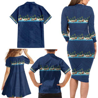 Hawaii Santa Riding Sea Turtle Family Matching Long Sleeve Bodycon Dress and Hawaiian Shirt Mele Kalikimaka Polynesian Pattern - Polynesian Pride