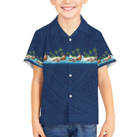 Hawaii Santa Riding Sea Turtle Family Matching Off Shoulder Maxi Dress and Hawaiian Shirt Mele Kalikimaka Polynesian Pattern LT01 Son's Shirt Blue - Polynesian Pride