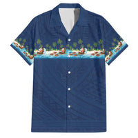 Hawaii Santa Riding Sea Turtle Family Matching Off Shoulder Short Dress and Hawaiian Shirt Mele Kalikimaka Polynesian Pattern LT01 Dad's Shirt - Short Sleeve Blue - Polynesian Pride