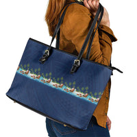Hawaii Santa Riding Sea Turtle Leather Tote Bag Mele Kalikimaka Polynesian Pattern - Polynesian Pride