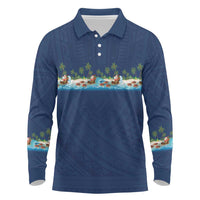 Hawaii Santa Riding Sea Turtle Long Sleeve Polo Shirt Mele Kalikimaka Polynesian Pattern - Polynesian Pride