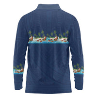 Hawaii Santa Riding Sea Turtle Long Sleeve Polo Shirt Mele Kalikimaka Polynesian Pattern - Polynesian Pride