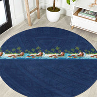 Hawaii Santa Riding Sea Turtle Round Carpet Mele Kalikimaka Polynesian Pattern - Polynesian Pride