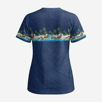 Hawaii Santa Riding Sea Turtle Scrub Top Mele Kalikimaka Polynesian Pattern - Polynesian Pride