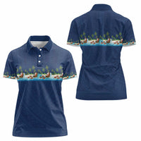 Hawaii Santa Riding Sea Turtle Women Polo Shirt Mele Kalikimaka Polynesian Pattern - Polynesian Pride