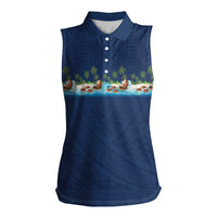 Hawaii Santa Riding Sea Turtle Women Sleeveless Polo Shirt Mele Kalikimaka Polynesian Pattern - Polynesian Pride