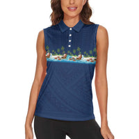 Hawaii Santa Riding Sea Turtle Women Sleeveless Polo Shirt Mele Kalikimaka Polynesian Pattern - Polynesian Pride