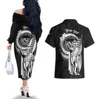 Personalized Hawaii King Kamehameha Couples Matching Off The Shoulder Long Sleeve Dress and Hawaiian Shirt Flag Polynesian Pattern