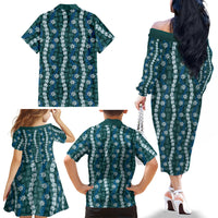Pikake Maile Tiare Lei Family Matching Off The Shoulder Long Sleeve Dress and Hawaiian Shirt Polu Lauhala Pattern LT01 - Polynesian Pride