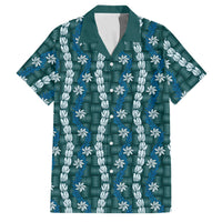 Pikake Maile Tiare Lei Family Matching Off Shoulder Short Dress and Hawaiian Shirt Polu Lauhala Pattern LT01 Dad's Shirt - Short Sleeve Blue - Polynesian Pride