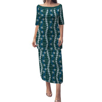 Pikake Maile Tiare Lei Family Matching Puletasi and Hawaiian Shirt Polu Lauhala Pattern LT01 Mom's Dress Blue - Polynesian Pride