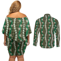 Pikake Maile Tiare Lei Couples Matching Off Shoulder Short Dress and Long Sleeve Button Shirt Omaomao Lauhala Pattern