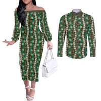 Pikake Maile Tiare Lei Couples Matching Off The Shoulder Long Sleeve Dress and Long Sleeve Button Shirt Omaomao Lauhala Pattern
