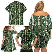 Pikake Maile Tiare Lei Family Matching Off Shoulder Short Dress and Hawaiian Shirt Omaomao Lauhala Pattern LT01 - Polynesian Pride