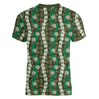 Pikake Maile Tiare Lei Women V-Neck T-Shirt Omaomao Lauhala Pattern LT01 - Polynesian Pride