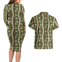 Pikake Maile Tiare Lei Couples Matching Long Sleeve Bodycon Dress and Hawaiian Shirt Natural Lauhala Pattern LT01 - Polynesian Pride