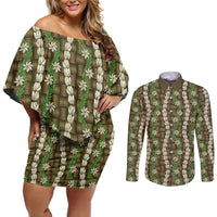 Pikake Maile Tiare Lei Couples Matching Off Shoulder Short Dress and Long Sleeve Button Shirt Natural Lauhala Pattern LT01 Brown - Polynesian Pride