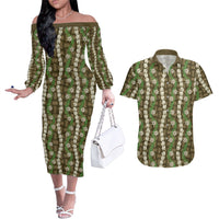 Pikake Maile Tiare Lei Couples Matching Off The Shoulder Long Sleeve Dress and Hawaiian Shirt Natural Lauhala Pattern LT01 Brown - Polynesian Pride