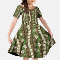 Pikake Maile Tiare Lei Family Matching Off Shoulder Maxi Dress and Hawaiian Shirt Natural Lauhala Pattern LT01 Daughter's Dress Brown - Polynesian Pride