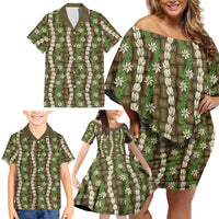 Pikake Maile Tiare Lei Family Matching Off Shoulder Short Dress and Hawaiian Shirt Natural Lauhala Pattern LT01 - Polynesian Pride