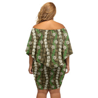 Pikake Maile Tiare Lei Family Matching Off Shoulder Short Dress and Hawaiian Shirt Natural Lauhala Pattern LT01 - Polynesian Pride