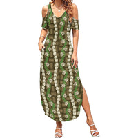 Pikake Maile Tiare Lei Family Matching Summer Maxi Dress and Hawaiian Shirt Natural Lauhala Pattern LT01 Mom's Dress Brown - Polynesian Pride