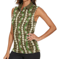Pikake Maile Tiare Lei Women Sleeveless Polo Shirt Natural Lauhala Pattern LT01 - Polynesian Pride