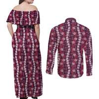 Pikake Maile Tiare Lei Couples Matching Off Shoulder Maxi Dress and Long Sleeve Button Shirt Akala Lauhala Pattern LT01 - Polynesian Pride