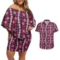 Pikake Maile Tiare Lei Couples Matching Off Shoulder Short Dress and Hawaiian Shirt Akala Lauhala Pattern