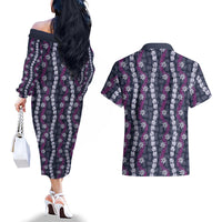 Pikake Maile Tiare Lei Couples Matching Off The Shoulder Long Sleeve Dress and Hawaiian Shirt Poni Lauhala Pattern LT01 - Polynesian Pride