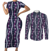 Pikake Maile Tiare Lei Couples Matching Short Sleeve Bodycon Dress and Long Sleeve Button Shirt Poni Lauhala Pattern