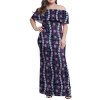 Pikake Maile Tiare Lei Family Matching Off Shoulder Maxi Dress and Hawaiian Shirt Poni Lauhala Pattern LT01 Mom's Dress Purple - Polynesian Pride